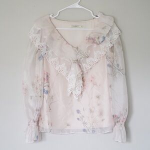 Pink floral blouse with ruffles size M